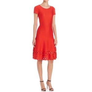 St. John Red Illusion Cutout Sweater A-Line Midi Dress Geranium Size 8, NEW!